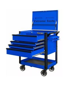 Extreme Tools EX Tool Cart Series 33in W x 23in D 4-Drawer Deluxe Tool Cart with Bumpers, Black with Blue Quick Release Drawer Pulls
