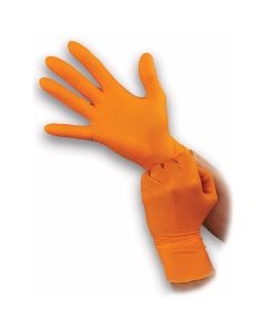 Atlantic Safety Company Super tough orange 8mil powder free nitrile disposable gloves with aggressive diamond grip. Touchscreen compatible, food safe and resists most chemicals. Latex Free. Not for Medical Use. 100/box. L
